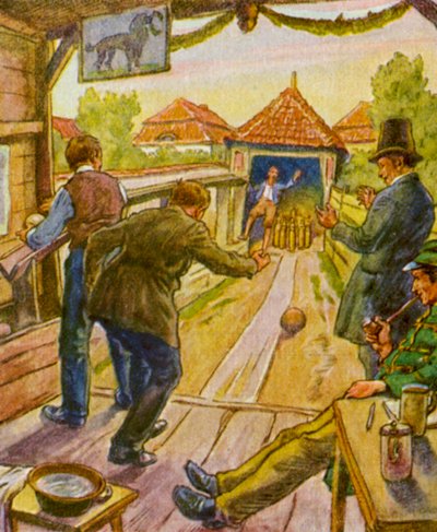 Kegelbahn / Bowling Alley (färglitografi) av German School