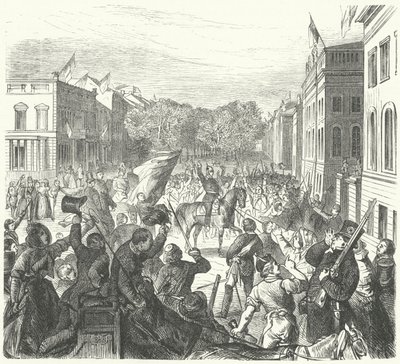 Kung Fredrik Vilhelm IV av Preussen rider förbi Berlins universitet på väg för att delta i en massbegravning av civila dödade i upplopp, 21 mars 1848 (gravyr) av German School