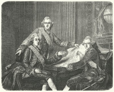 Kung Gustav III av Sverige i samråd med sina bröder Karl och Fredrik Adolf (gravyr) av German School
