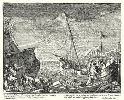 Kung James II flyr England och lämnar Rochester i en liten båt av German School