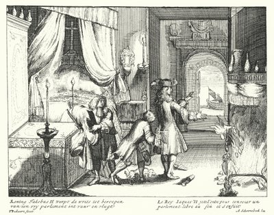 Kung James II av England bränner ordern att kalla parlamentet och flyr av German School