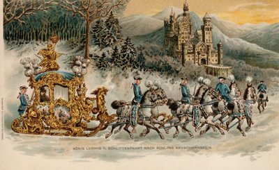 Kung Ludwig II av Bayern på väg till slottet Neuschwanstein i en gyllene släde (kromolitho) av German School