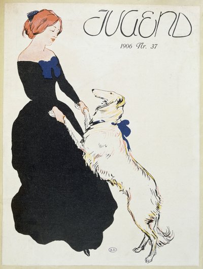 Dam med en vinthund, illustration från Jugend, 1906 av German School