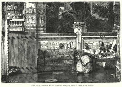 Klagoång från en änka bredvid sin mans kista i Memphis, forntida Egypten (litho) av German School