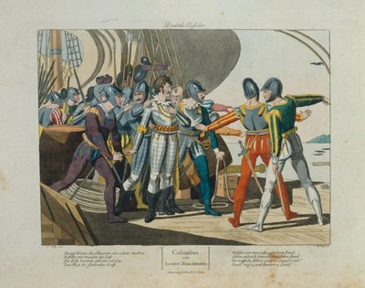 Land, land! Christopher Columbus ankomst till Amerika, publicerad av Friedrich Campe, Nürnberg, c.1820 av German School