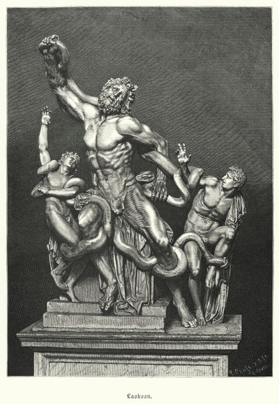 Laocoon och hans söner, antik grekisk eller romersk skulptur utgrävd i Rom 1506 (gravyr) av German School
