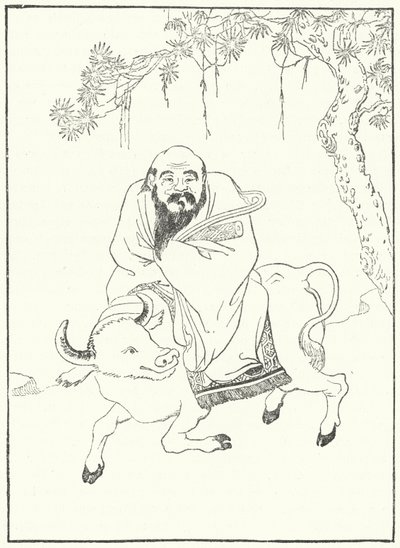 Laozi, forntida kinesisk filosof, på en vattenbuffel (gravyr) av German School