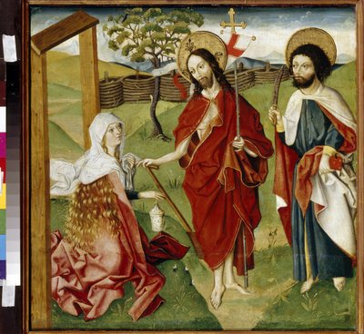 Kristus, Maria Magdalena och Saint Barthelemy (eller Nathanael, apostel) (Kristus, Maria Magdalena och Saint Bartholomew). Kan vara en representation av ""Noli me tangere"": visionen av den uppståndne Kristus vid Sankta Maria Magdalena. Jesus Kristus hålle av German School