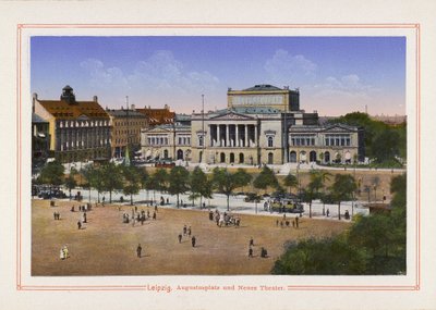 Leipzig, Augustusplatz och Neues Theater (färglitografi) av German School