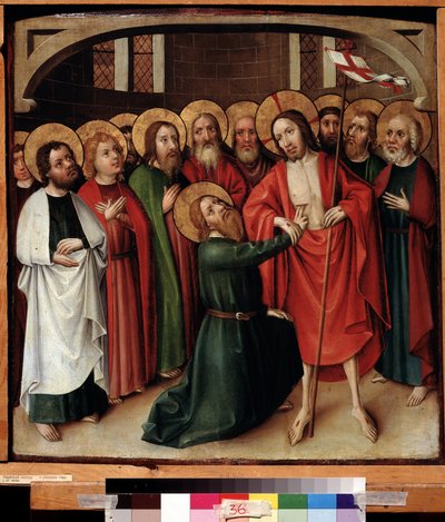 Sankt Thomass misstro. Jesus Kristus håller en vit flagga (standard) slagen med ett rött kors och hans gloria är markerad med ett kors. Målning av en schwabisk mästare (verksam omkring 1500). Olja på trä, 64 x 62 cm, v av German School