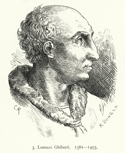 Lorenzo Ghiberti, florentinsk tidig renässanskonstnär som designade bronsdörrarna till dopkapellet i Florens (gravyr) av German School