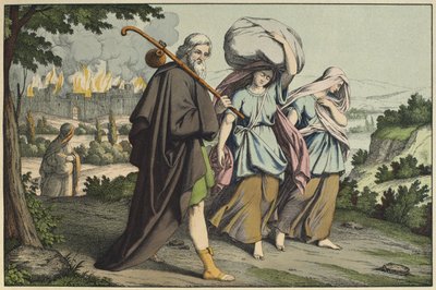 Lot och hans döttrar på flykt, illustration från Lancien Testamentet, utgiven av Jakob Ferdinand Schreiber, Esslingen (färgstick) av German School