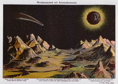 Månlandskap, solförmörkelse och kometen 1911 (färglitografi) av German School