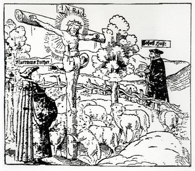 Luther (1483-1546) och Hus (1369-1415) med Kristus i fårhuset, ca 1520-21 av German School