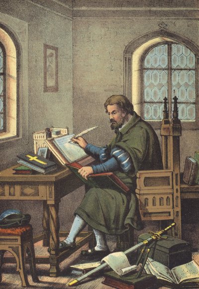 Luther förklädd till Junker Jorg i Wartburgs översättning av Nya Testamentet (chromolitho) av German School
