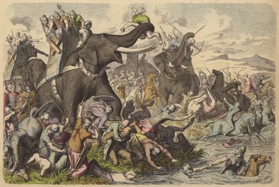 Makedonier använder krigselefanter i en strid med dacierna och sarmaterna (färgad gravyr) av German School