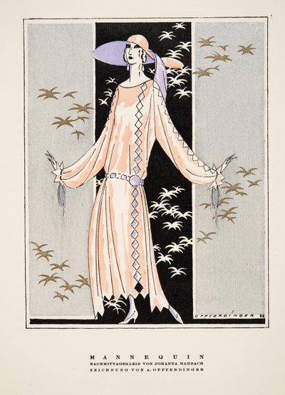 "Mannequin", reklam för Klänning av Johanna Marbach, ur Styl, utg.1922 (pochoirtryck) av German School