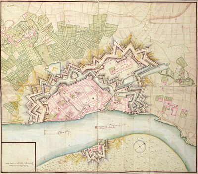 Karta över Düsseldorf, 1736 av German School