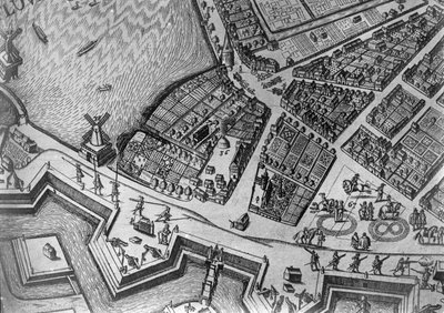 Karta över Hamburg som visar dess första operahus, 1690 av German School