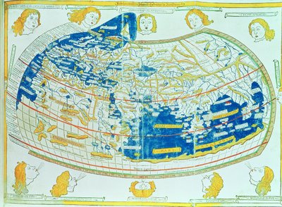 Karta över världen, baserad på beskrivningar och koordinater givna i "Geographia", av Ptolemaios (Claudius Ptolemaeus av Alexandria) (c.90-168 AD), publicerad i Ulm, Tyskland av German School