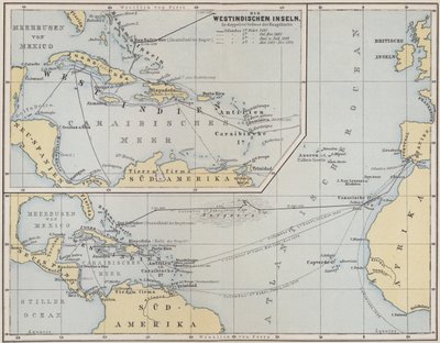 Karta som visar Christopher Columbus resor, 1492-1504 av German School