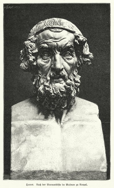 Marmorbyst av Homeros, antik grekisk poet (litho) av German School