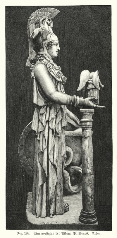 Marmorstaty av den antika grekiska gudinnan Athena, från Parthenon, Aten (gravyr) av German School