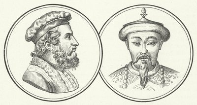 Marco Polo och Kublai Khan (gravyr) av German School