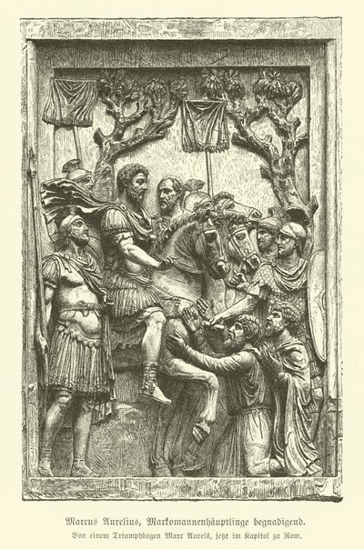 Marcus Aurelius benådar Marcomannic-hövdingar (gravyr) av German School