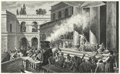Mark Antony utlöser ett upplopp med sin tal vid Julius Caesars begravning, 44 f.Kr. (gravyr) av German School