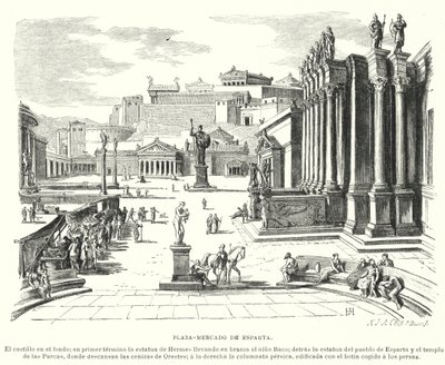 Marknadsplats i Sparta, antikens Grekland (litho) av German School