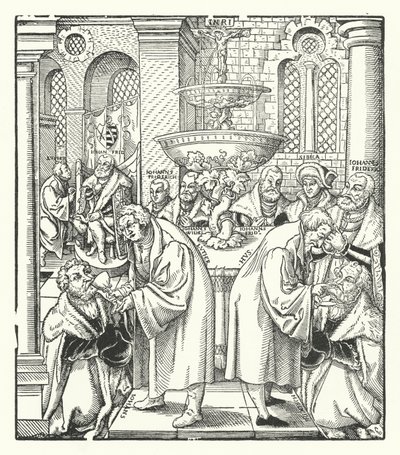 Martin Luther och Jan Hus administrerar nattvarden till den sachsiska kungafamiljen (gravyr) av German School