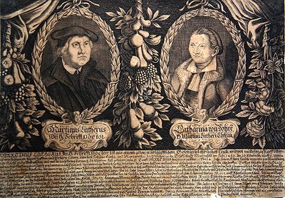 Martin Luther och hans fru Katharina von Bora (gravyr) av German School