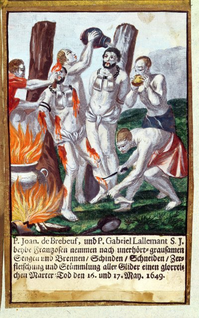 Martyrskap av Jean de Brebeuf och Gabriel Lalemant av Iroquois, i Nouvelle-France 1649, från Jesuits Martyrology, 1688 av German School