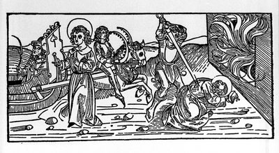Martyrium av Saint Polycarp av Smyrna (ca 69-155), eveque. Gravyr från "Leben der Heiligen - Sommerteil (helgonets bok)" av Jacobus (James) av Voragine (1228-1298) av German School