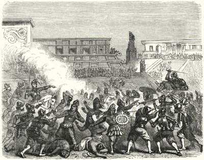 Massaker av aztekiska krigare och adelsmän i Cholula av de spanska conquistadorerna av Hernan Cortes av German School