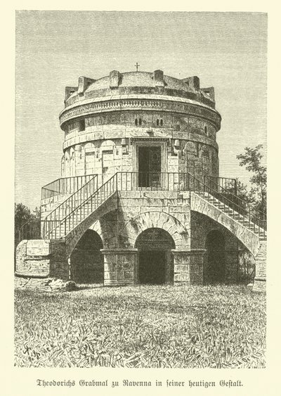 Theoderik den stores mausoleum, östgoternas kung, Ravenna, Italien (gravyr) av German School
