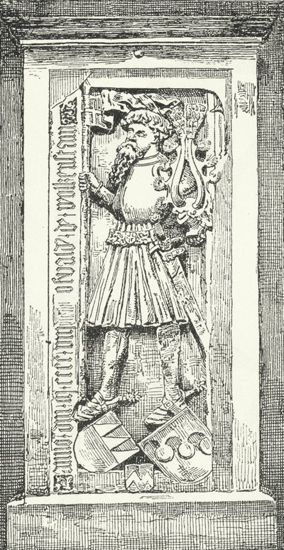 Minnessten i Brixen-katedralen över den tyske poeten och diplomaten Oswald von Wolkenstein (gravyr) av German School