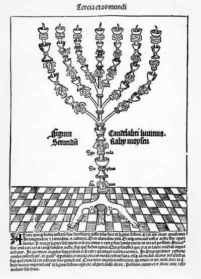 Menorah, från Liber Chronicarum av Hartmann Schedel, publicerad i Nürnberg, 1493 av German School