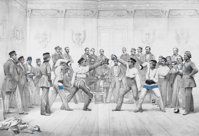 Mensuren eller Studentmedlemmar i Dueling Society i Dresden i sina blå, vita och svarta uniformer av German School