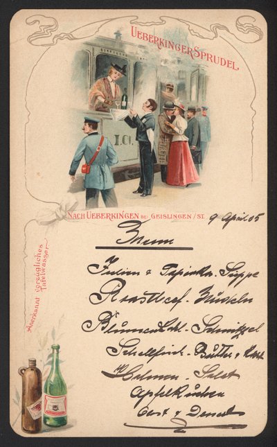 Menykort reklam Ueberkinger mousserande mineralvatten (färg litho) av German School