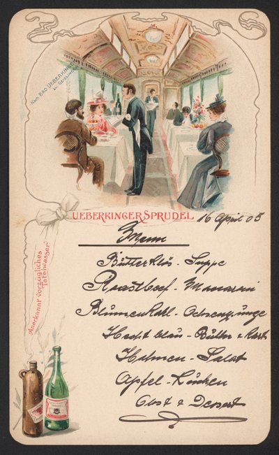 Menykort reklam Ueberkinger mousserande mineralvatten (färg litho) av German School