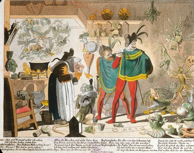 Mephistopheles inspirerad av Faust (färgad gravyr) av German School