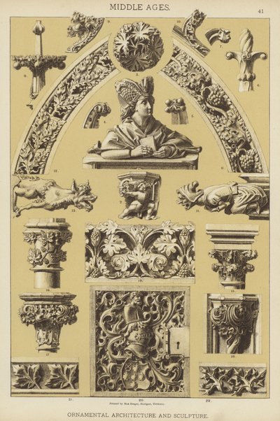 Medeltid, prydnadsarkitektur och skulptur (färg litho) av German School