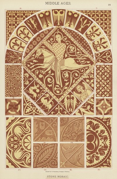 Medeltiden, stenmosaik (färg litho) av German School