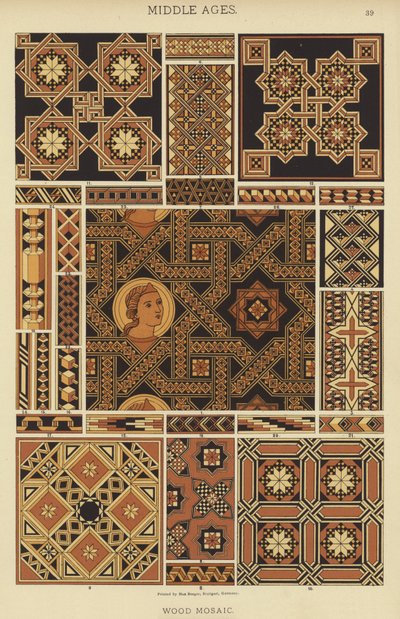 Medeltid, trämosaik (färg litho) av German School