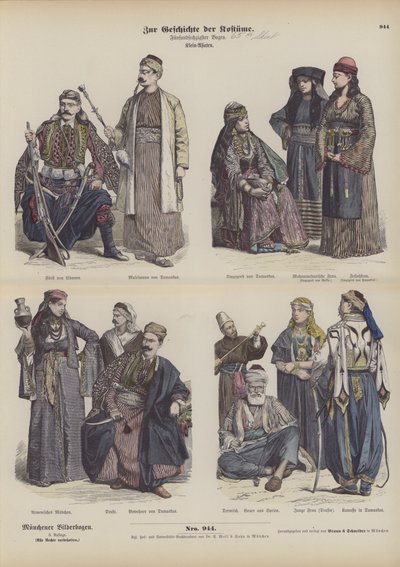 Mellanösterndräkter (färgad gravyr) av German School