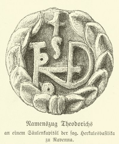 Monogram av Theoderik den store, östgoternas kung (gravyr) av German School