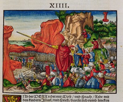 Moses korsar Röda havet, från Lutherbibeln, ca 1530 (färgat träsnitt) av German School