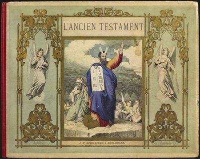 Moses tar emot lagens tavlor från Gud på berget Sinai, frontispice-illustration från LAncien Testament, utgiven av Jakob Ferdinand Schreiber, Esslingen (färgstick) av German School
